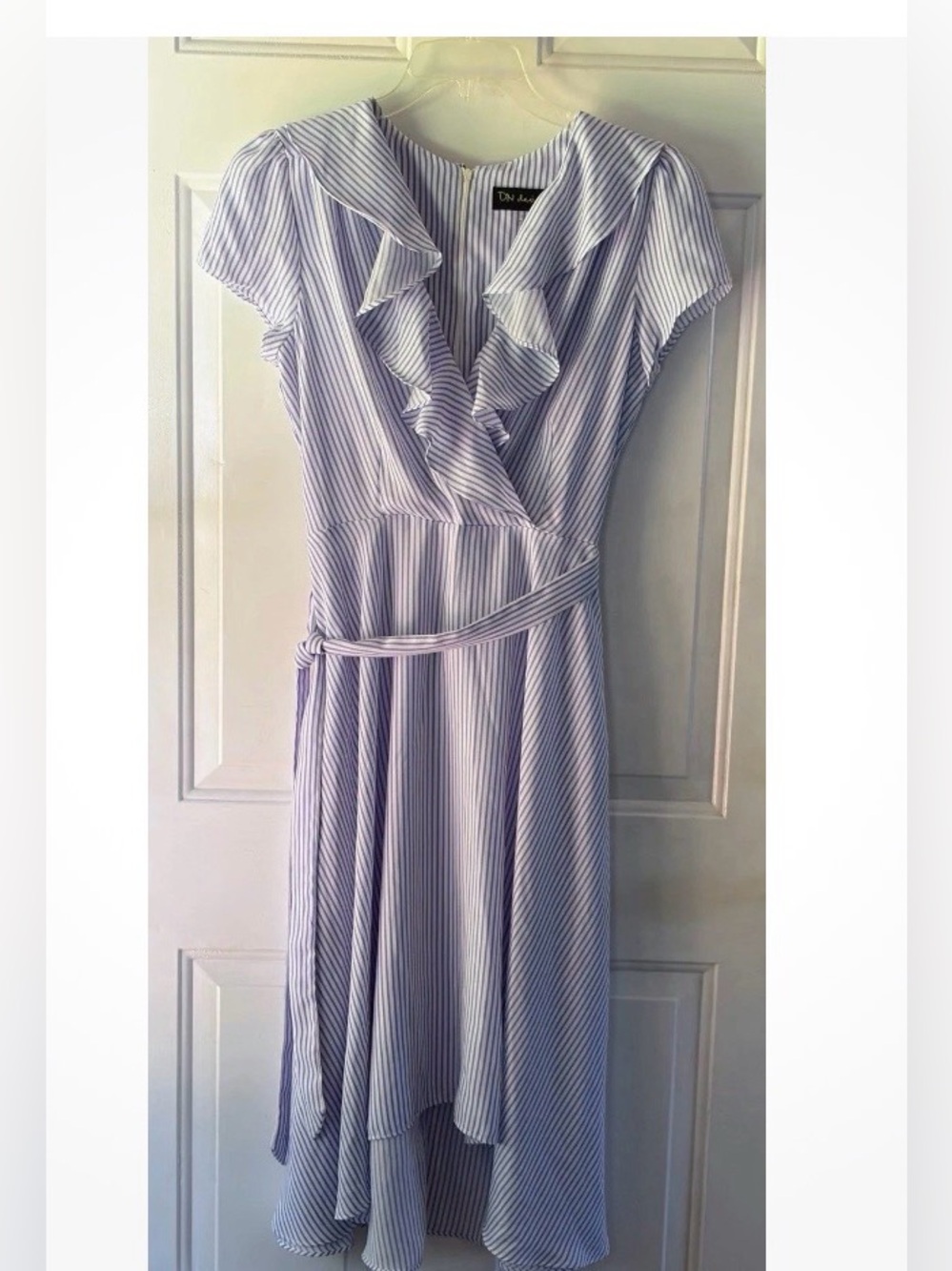 DN Design Blue White Ruffle Striped Midi Dress 12 Feminine Girlhoodcore Coquette